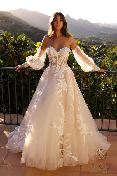 Strapless Corset Wedding Dress JE990L by Nox Anabel 6 / White Strapless Corset Wedding Dress JE990L by Nox Anabel 6 / White