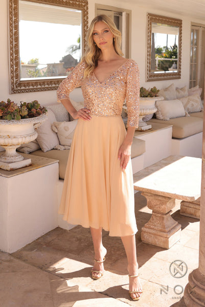 Sequin Embellished Tea Length Dress MF104 by Nox Anabel 18w / Mauve (RosyBrown)