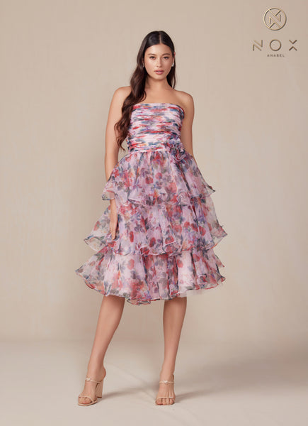 Tea-Length Floral-Print Homecoming Dress with Ruffles White Flower / 6