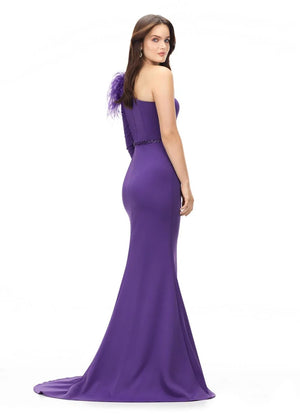 ON SALE SIZE 12 ORCHID Ashley Lauren 11131 One Shoulder Feathers Scuba Evening Dress