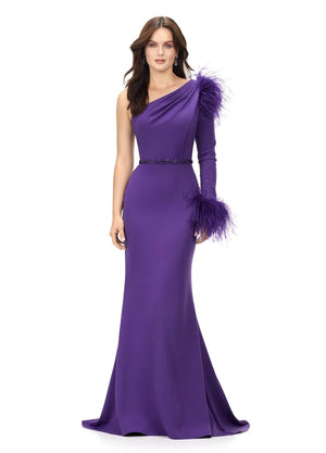 ON SALE SIZE 12 ORCHID Ashley Lauren 11131 One Shoulder Feathers Scuba Evening Dress