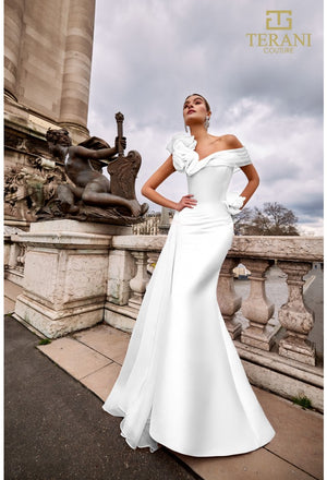 Terani 242M3342 One Shoulder Flowers Appliques Fitted Gown