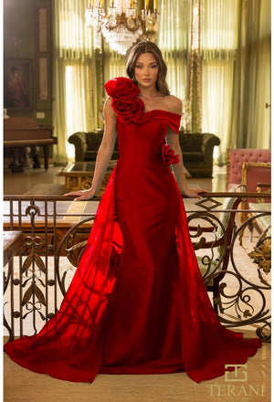 Terani 242M3342 One Shoulder Flowers Appliques Fitted Gown