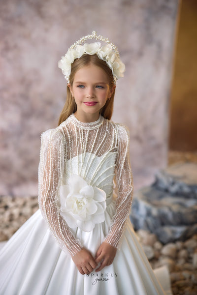 Long Sleeves Communion Flower Girl Dress Celestial 3704 5-6 years / Ivory