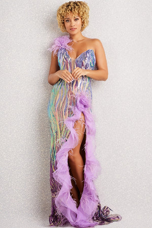 Vestido de fiesta de lentejuelas y plumas de Jovani 38678
