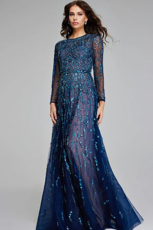 Jovani 80807  Long Sleeves Navy Embellished Dress