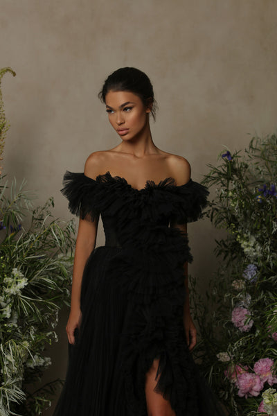 Tarik Ediz 98055 Tulle Off-the Shoulder Evening Dress Pre-order 6 / Black Tarik Ediz 98055 Tulle Off-the Shoulder Evening Dress Pre-order 6 / Black