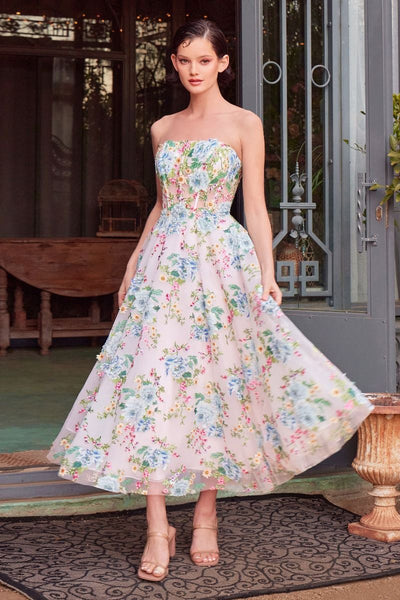 Andrea and Leo A1406 Tea-Length Floral Prom Dress Blue / 4 Andrea and Leo A1406 Tea-Length Floral Prom Dress Blue / 4