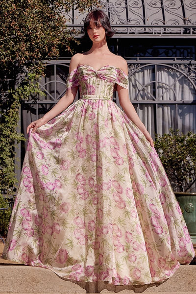 Lady Black Tie - A1466 - Floral Printed Off The Shoulder A-Line Dress - Andrea & Leo