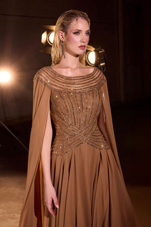 Ladivine CL08 Cape Bateau Neckline Evening Dress