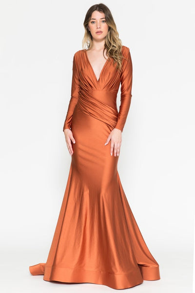 Fitted Satin Long Sleeves Open Back Burnt Orange Evening Gown AC381 16 / Burnt Orange (Sienna) Fitted Satin Long Sleeves Open Back Burnt Orange Evening Gown AC381 16 / Burnt Orange (Sienna)