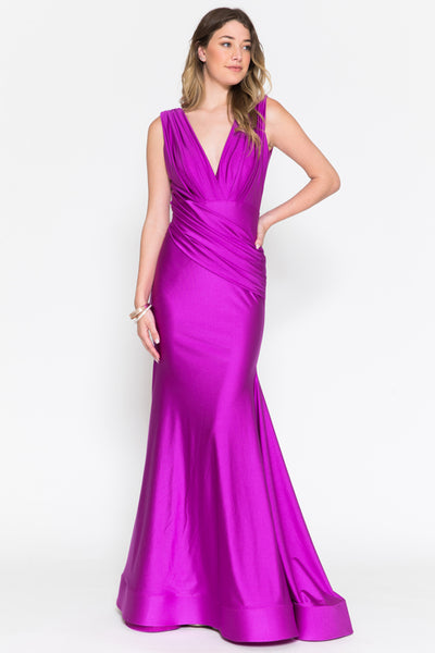 Fitted Satin Sleeveless Open Back Eggplant Evening Gown AC370 – Sparkly  Gowns
