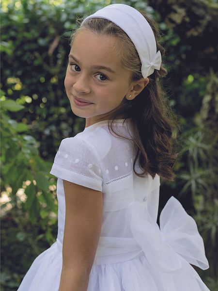 white organza communion dress LUXURY First Communion Dress for Girl. Spanish European Style. White Organza and Cotton Lace. Short Sleeves With Polke Embroidery Dots