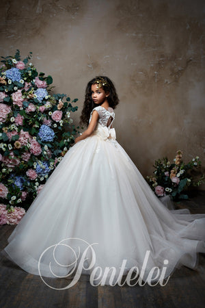 First Communion Dress  2305 Ball Gown Short Sleeves 3-D Flowers.