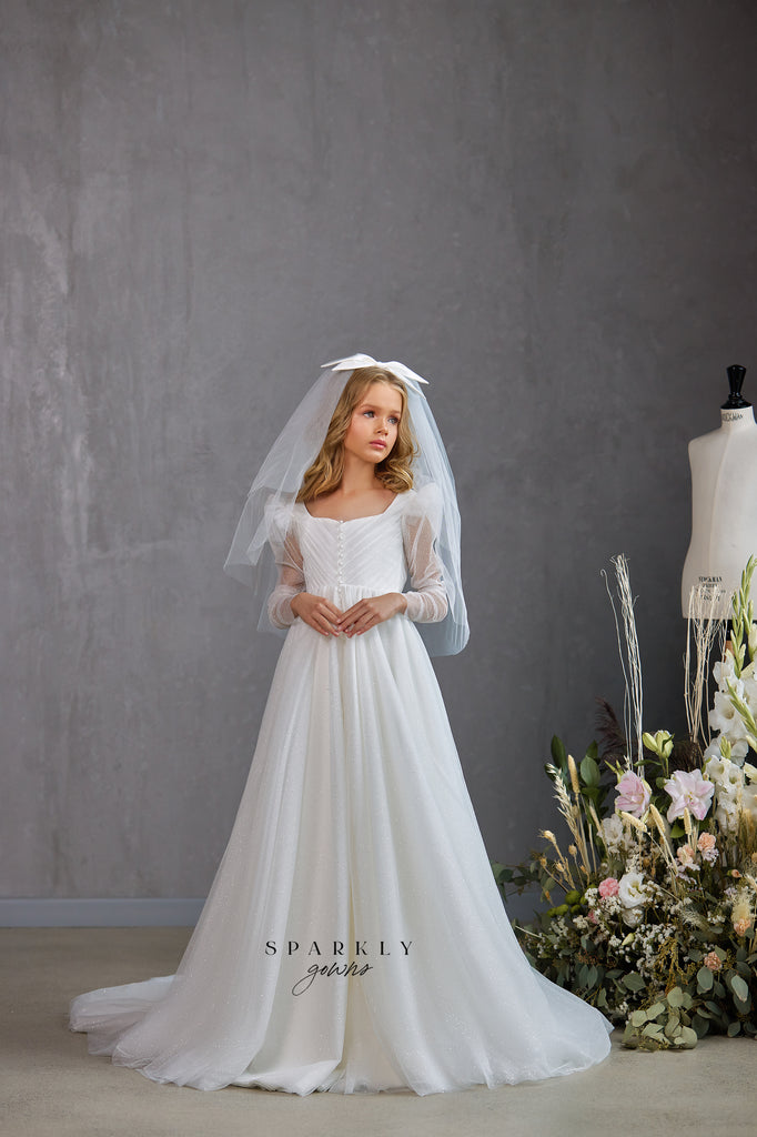 Long Sleeves  A-line Skirt Flower Girl First Communion Dress Celestial 3500