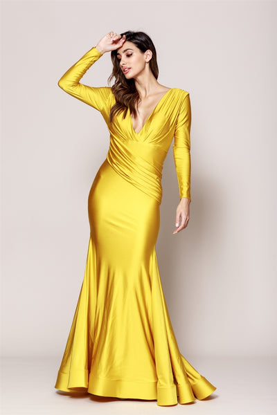 yellow satin long sleeve dress Fitted Sleeves Open Back Mustard Evening Gown AC381 16 / Mustard (DarkGoldenRod) joah brown Size:US2-UK4-EUR32 Camille La Vie Jersey this yellow formal dress