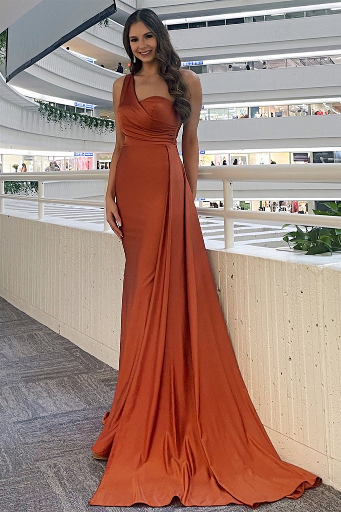 One-Shoulder Satin Fitted Green Burnt Orange Evening Dress AC387BO