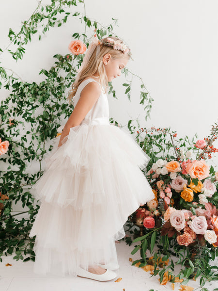 Ivory Ruffled Tulle High-Low Flower Girl Dress 5658