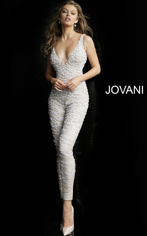 Nude White V-Neckline Jumpsuit By Jovani 60010