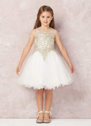 Short Flower Girl Dress with Gold Lace 7013RE