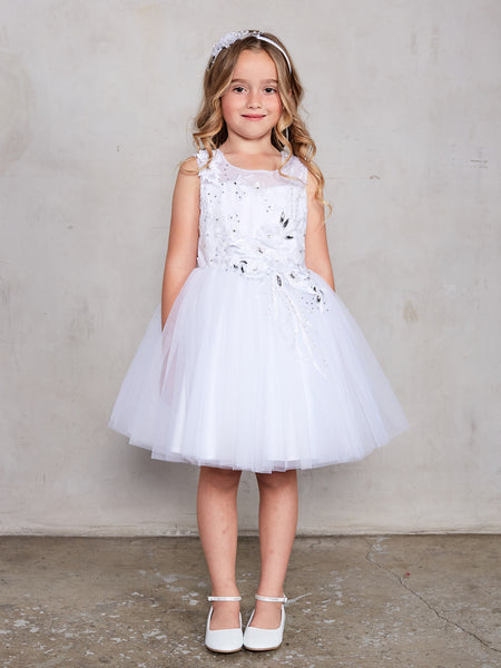 Sleeveless Short Dress with 3D Flowers White Flower Girl Dress Tip Top 7027 12 / White