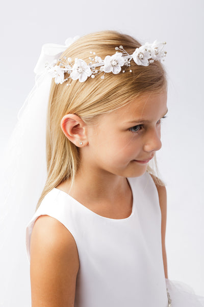Kidsdreamus White Flower Pearl Crown Veil First Communion Flower Girl Accessories Style 037