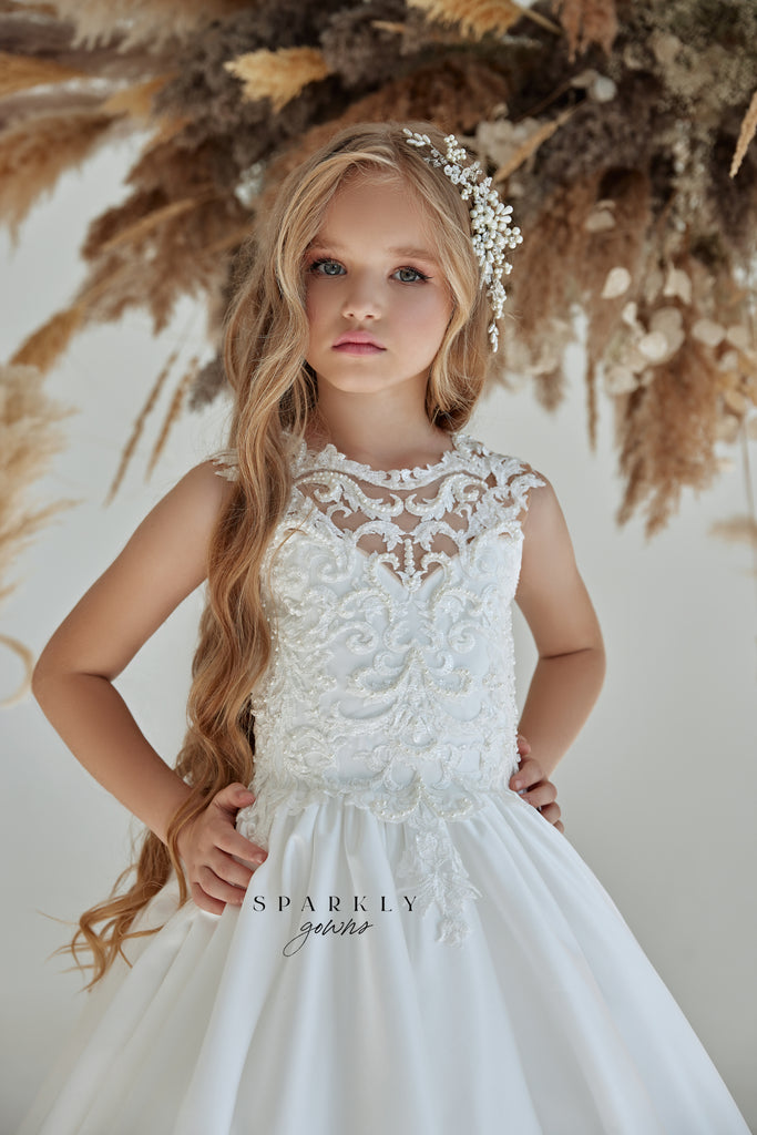 A-line Satin Flower Girl First Communion Dress FM064