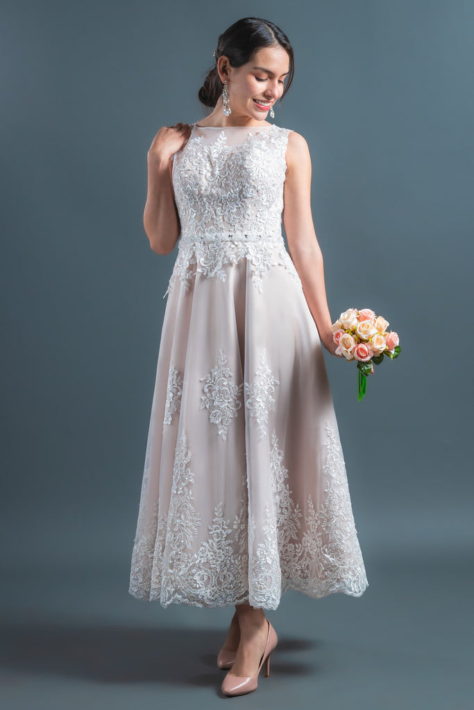 Sophisticated Midi-Length A-line Cappuccino Wedding Dress X27 In stock Size 6