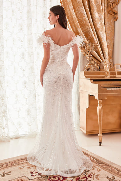 Sequin & Feather Embellishment Off the Shoulder Bridal Gown CD0207W   Sparkly Gowns