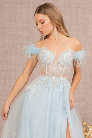 ON SALE SIZE M Feather Embellishment Sheer Bodice Glitter A-Line Gown GL3135