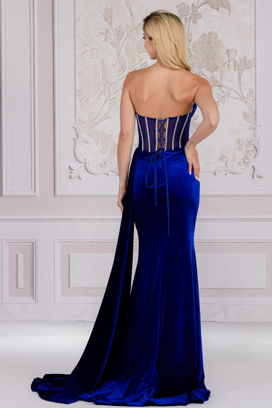 Velvet Beaded Corset Evening Dress AC5051 14 / Royal Blue Velvet Beaded Corset Evening Dress AC5051 14 / Royal Blue