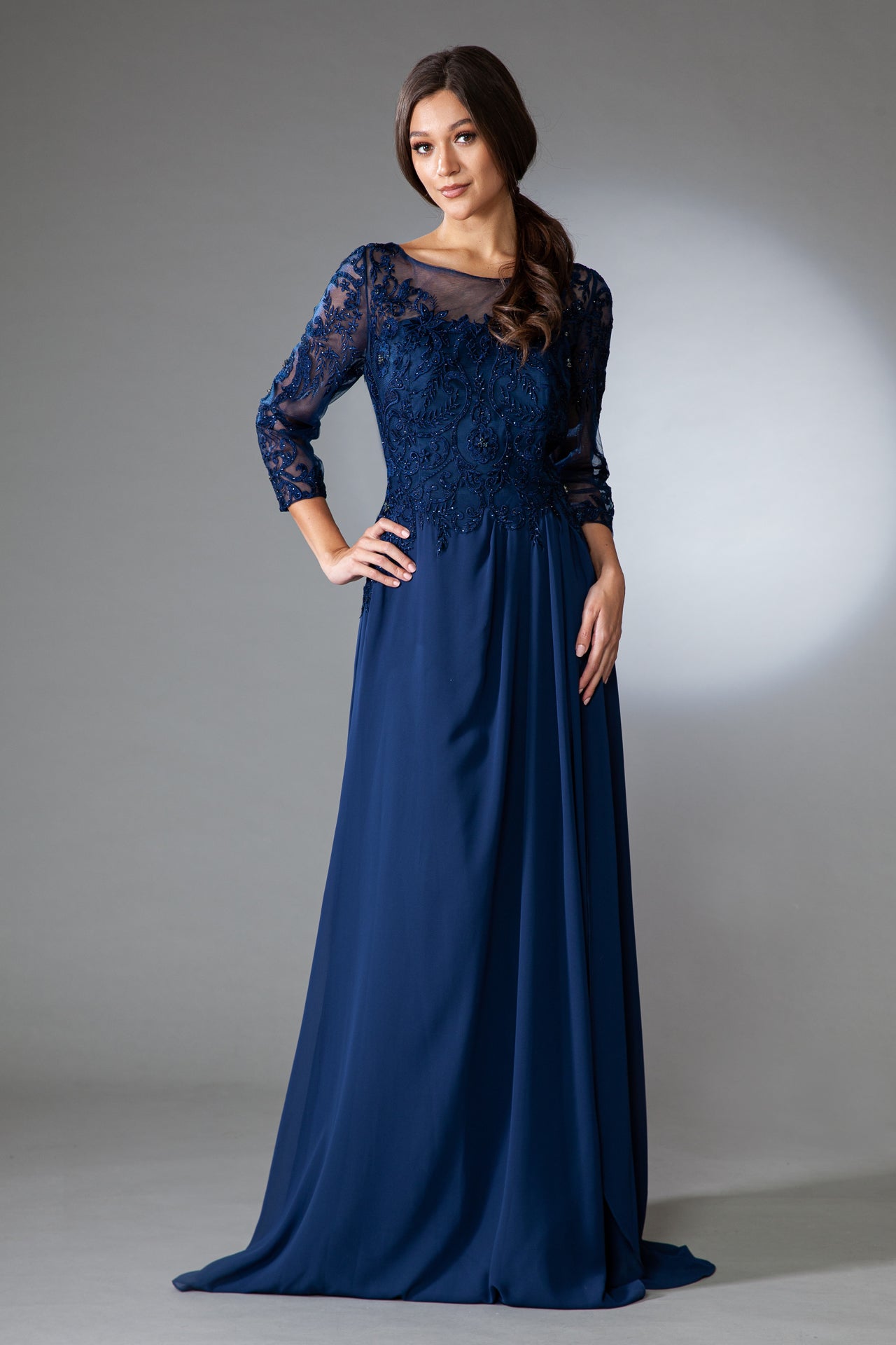 Long Mother-of-the-Bride Dress with Long Sleeves Navy / 24 Long Mother-of-the-Bride Dress with Long Sleeves Navy / 24