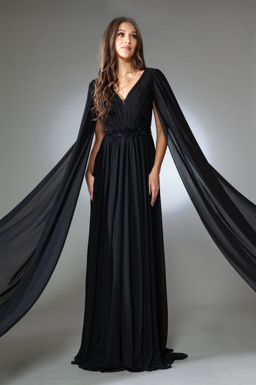 Empire-Waist Long Formal Dress with Drape Sleeves Mauve / 8 Empire-Waist Long Formal Dress with Drape Sleeves Mauve / 8