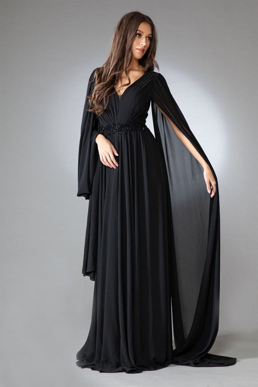 Empire-Waist Long Formal Dress with Drape Sleeves Mauve / 8 Empire-Waist Long Formal Dress with Drape Sleeves Mauve / 8