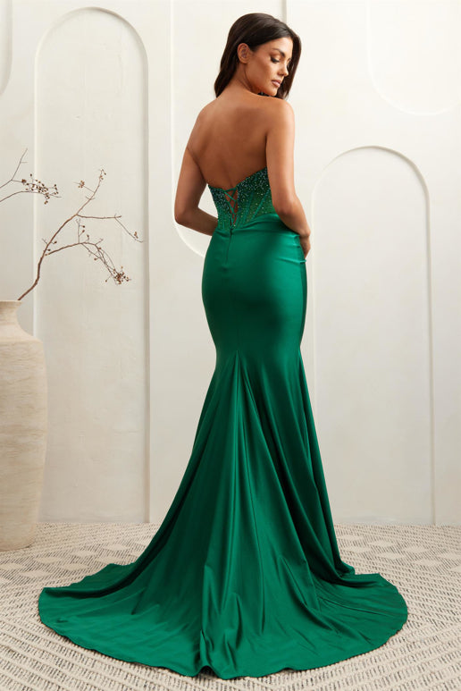 green corset prom dress Zapaka Women Green Long Prom Dress with Slit Mermaid Corset Spaghetti Straps 3D Flowers Formal Dress with Appliques, Green / US8