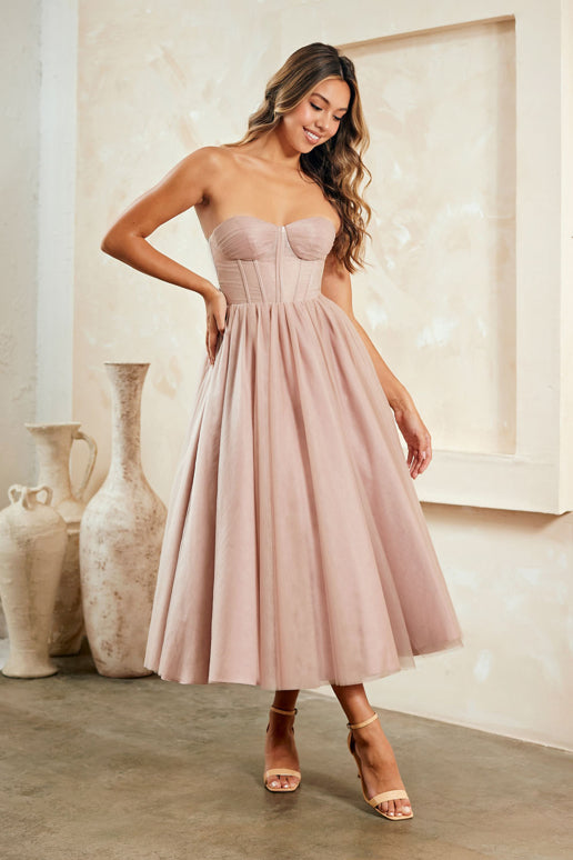 Strapless Tea Length Dress 6203S 8 / DustyRose (RosyBrown) Strapless Tea Length Dress 6203S 8 / DustyRose (RosyBrown)