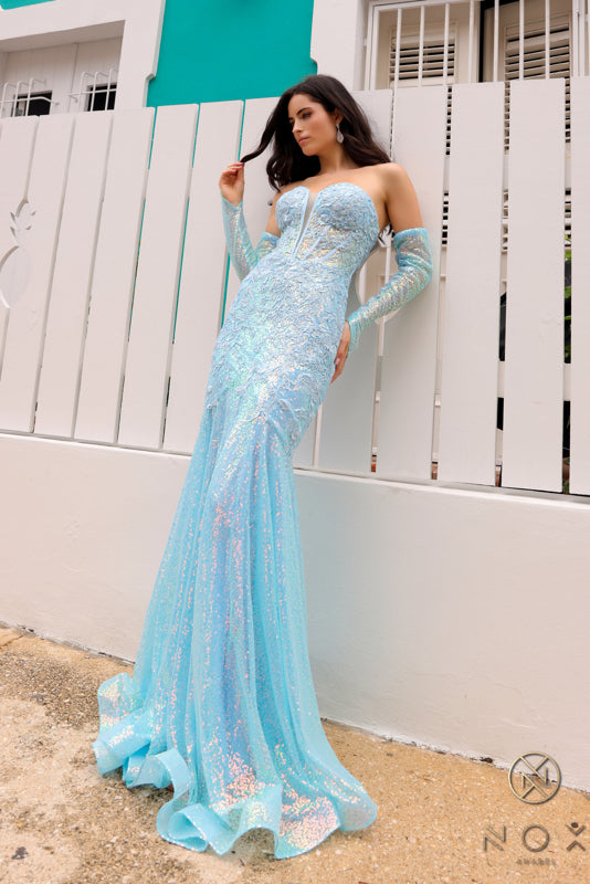 Strapless Mermaid Prom Dress by Nox Anabel D1263 8 / LightBlue Strapless Mermaid Prom Dress by Nox Anabel D1263 8 / LightBlue