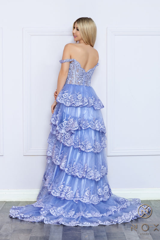 nox anabel strapless sequin lace prom dress d1263 light blue Nox Anabel D1263 Long Sleeve Sequin Prom Dress Mermaid Lace Corset V Neck Formal Gown 00 / Black