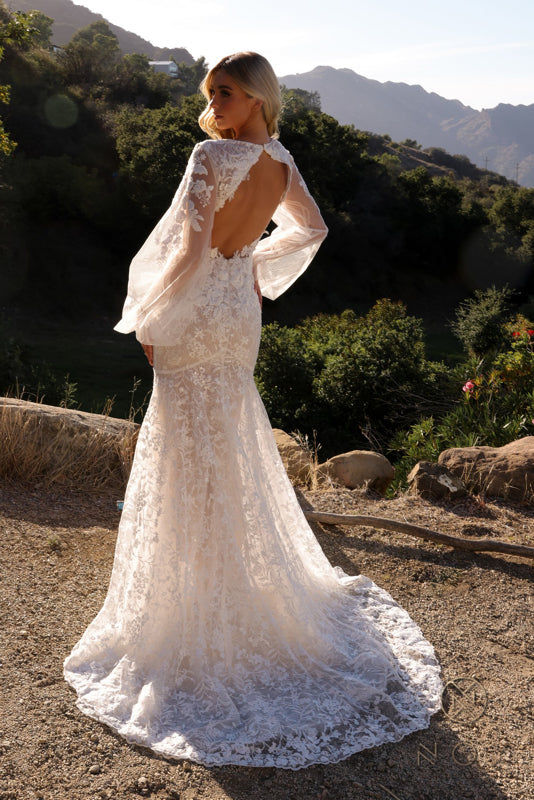 Long Sleeves Embroidered Wedding Gown Nox Anabel JE1009L White / Nude / 8 Long Sleeves Embroidered Wedding Gown Nox Anabel JE1009L White / Nude / 8