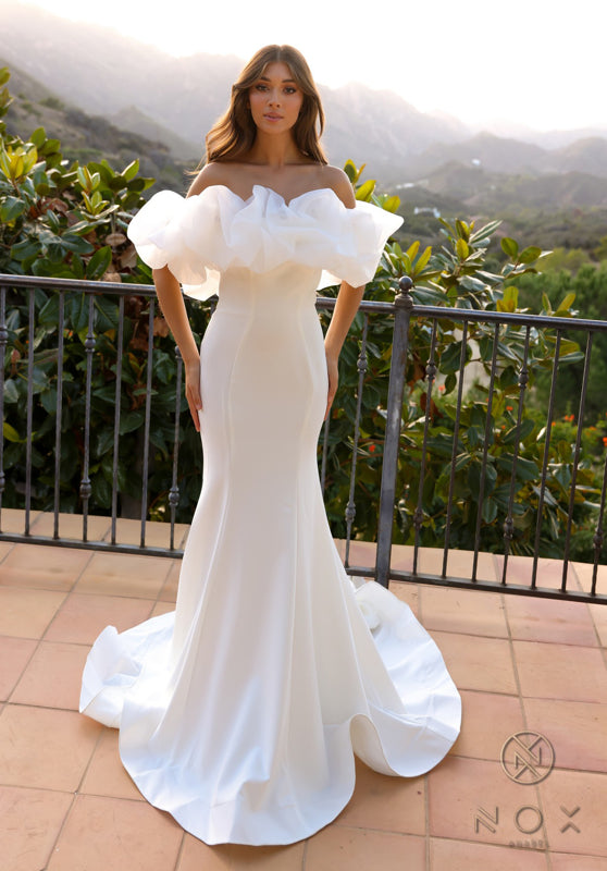 Ruffled Off Shoulder Bridal Dress JW984 by Nox Anabel Sparkly Gowns Ruffled Off Shoulder Bridal Dress JW984 by Nox Anabel Sparkly Gowns