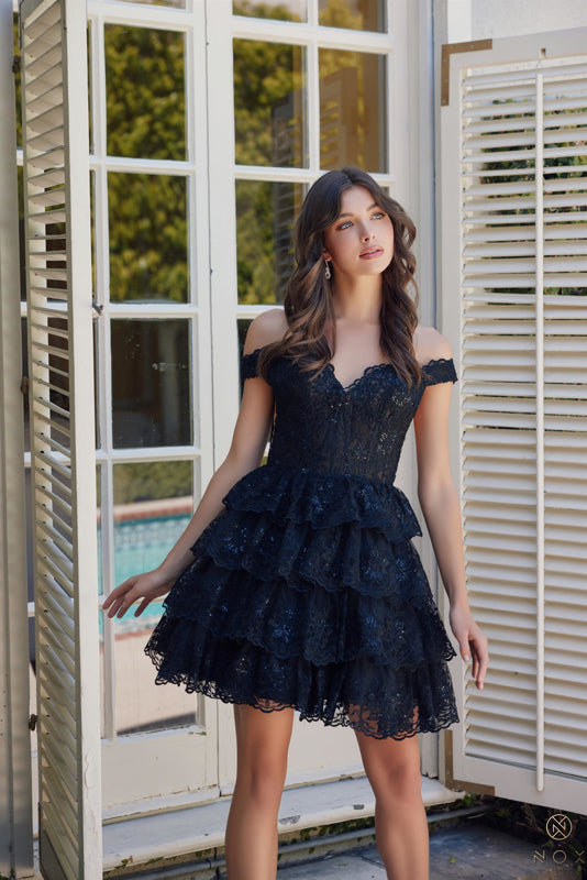 Nox Anabel R877 Flirty Short Ruffled Lace Hoco Dress Black / 0 Nox Anabel R877 Flirty Short Ruffled Lace Hoco Dress Black / 0