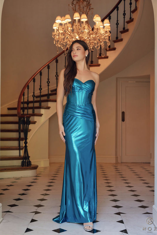 Metallic Strapless Long Dress T1499 by Nox Anabel 6 / RoyalBlue