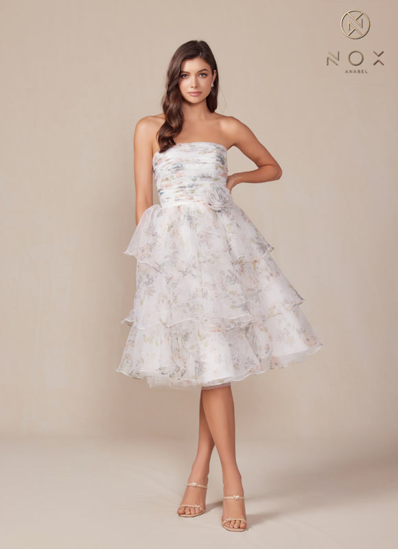 white floral strapless dress Floral Strapless Cocktail Dress By Nox Anabel Q842 6 / White