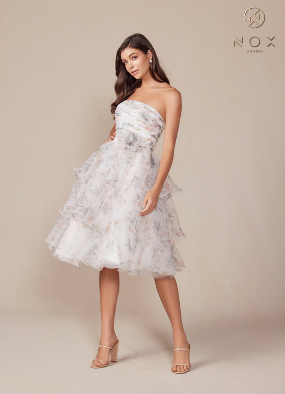 Nox Anabel Q842 Short Floral Print A Line Cocktail Dress - White Flower / 6 Nox Anabel Q842 Short Floral Print A Line Cocktail Dress - White Flower / 6