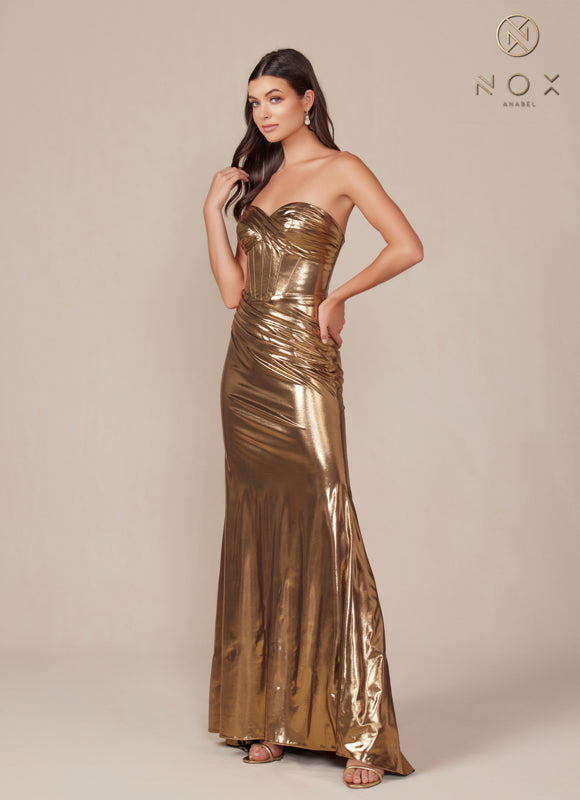 Metallic Strapless Long Dress T1499 by Nox Anabel Sparkly Gowns Metallic Strapless Long Dress T1499 by Nox Anabel Sparkly Gowns