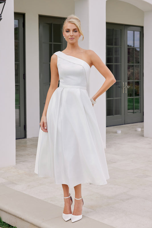 Satin One Shoulder Midi Dress with Pockets JE931W 14 / White Satin One Shoulder Midi Dress with Pockets JE931W 14 / White