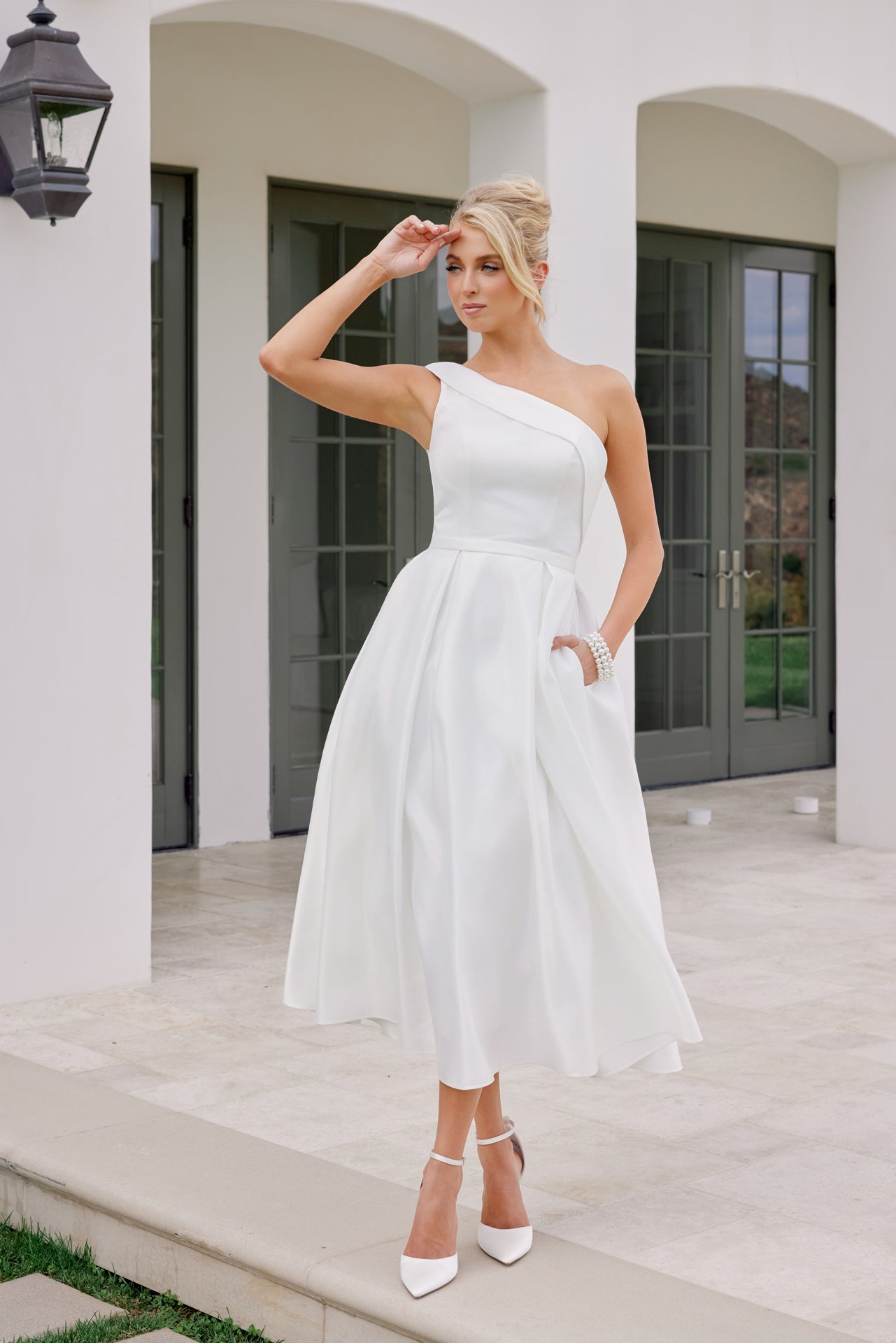 Satin One Shoulder Midi Dress with Pockets JE931W 14 / White Satin One Shoulder Midi Dress with Pockets JE931W 14 / White