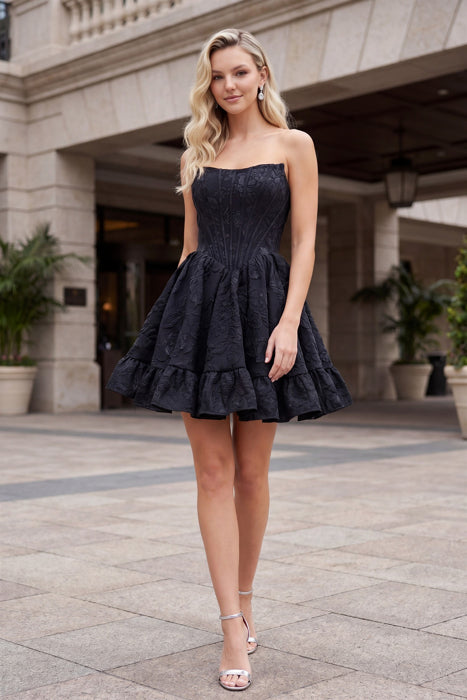 Nox Anabel A7019 Floral Jacquard Corset Ruffle Mini Dress - Black