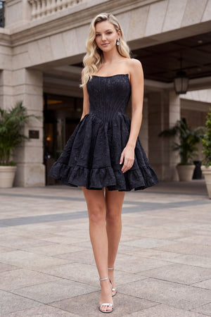 Nox Anabel A7019 Floral Jacquard Corset Ruffle Mini Dress - Black