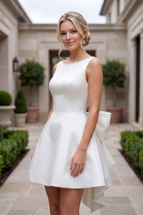 Nox Anabel Y7001W Sleeveless Bow Accent Back Mini A Line Satin Dress - White